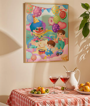 Colorful clown-themed children's party with balloons and toys