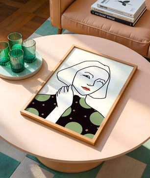 Modern Minimalist Portrait of a Winking Woman in Green Polka Dot Dress - Mi tienda