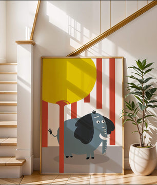Illustration eines verspielten Elefanten mit einem gelben Ballon in abstrakter Umgebung