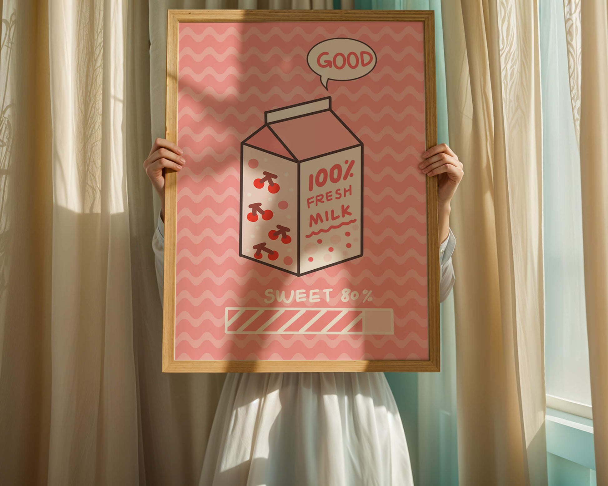 Playful illustration of milk carton with cherry design on pink background