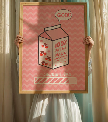 Playful illustration of milk carton with cherry design on pink background