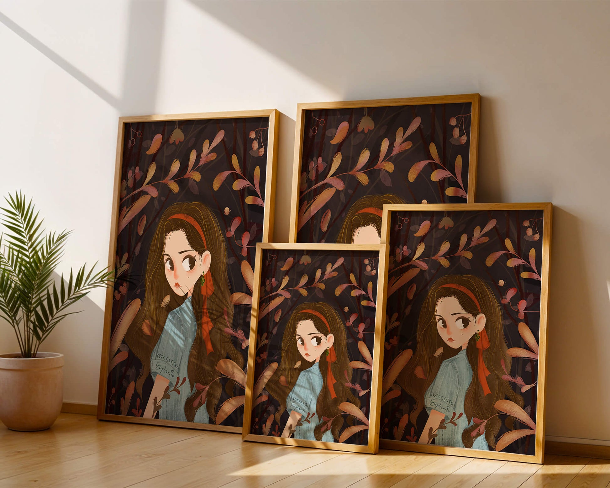 Elegante ilustración de una niña rodeada de follaje abstracto.