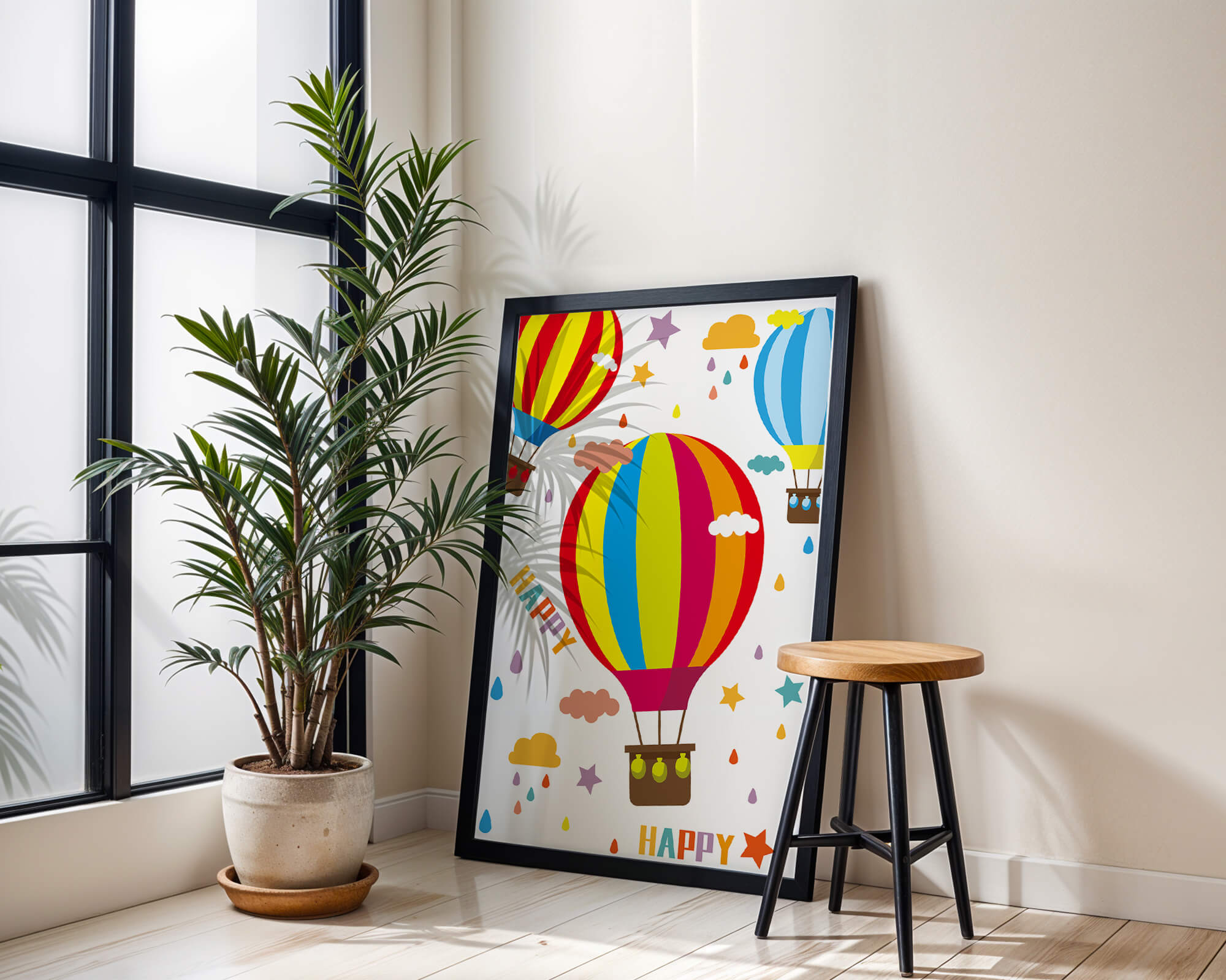 Colorful hot air balloons and happy clouds illustration