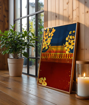 Traditionelles asiatisches Dach mit goldenem Laub auf dunklem Abendhimmel