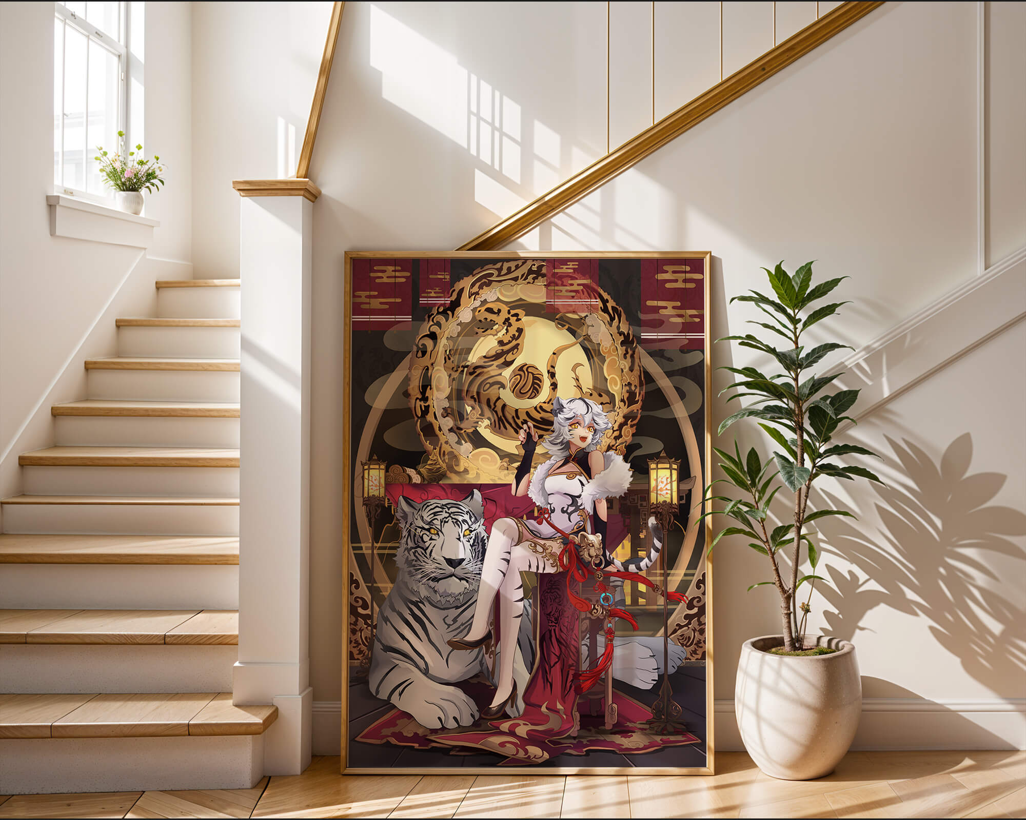 Elegant fantasy character with mystical tiger and ornate decor