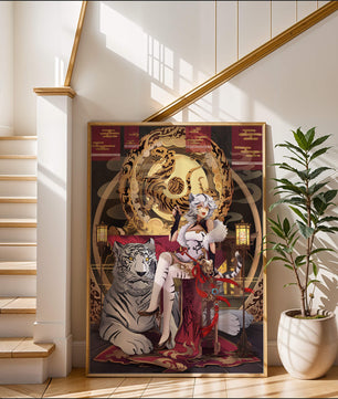 Elegant fantasy character with mystical tiger and ornate decor