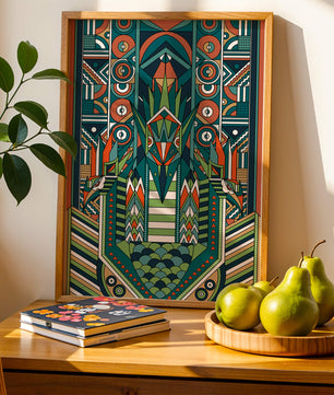 Design géométrique abstrait inspiré de l’Art déco avec des motifs symétriques et un motif animal