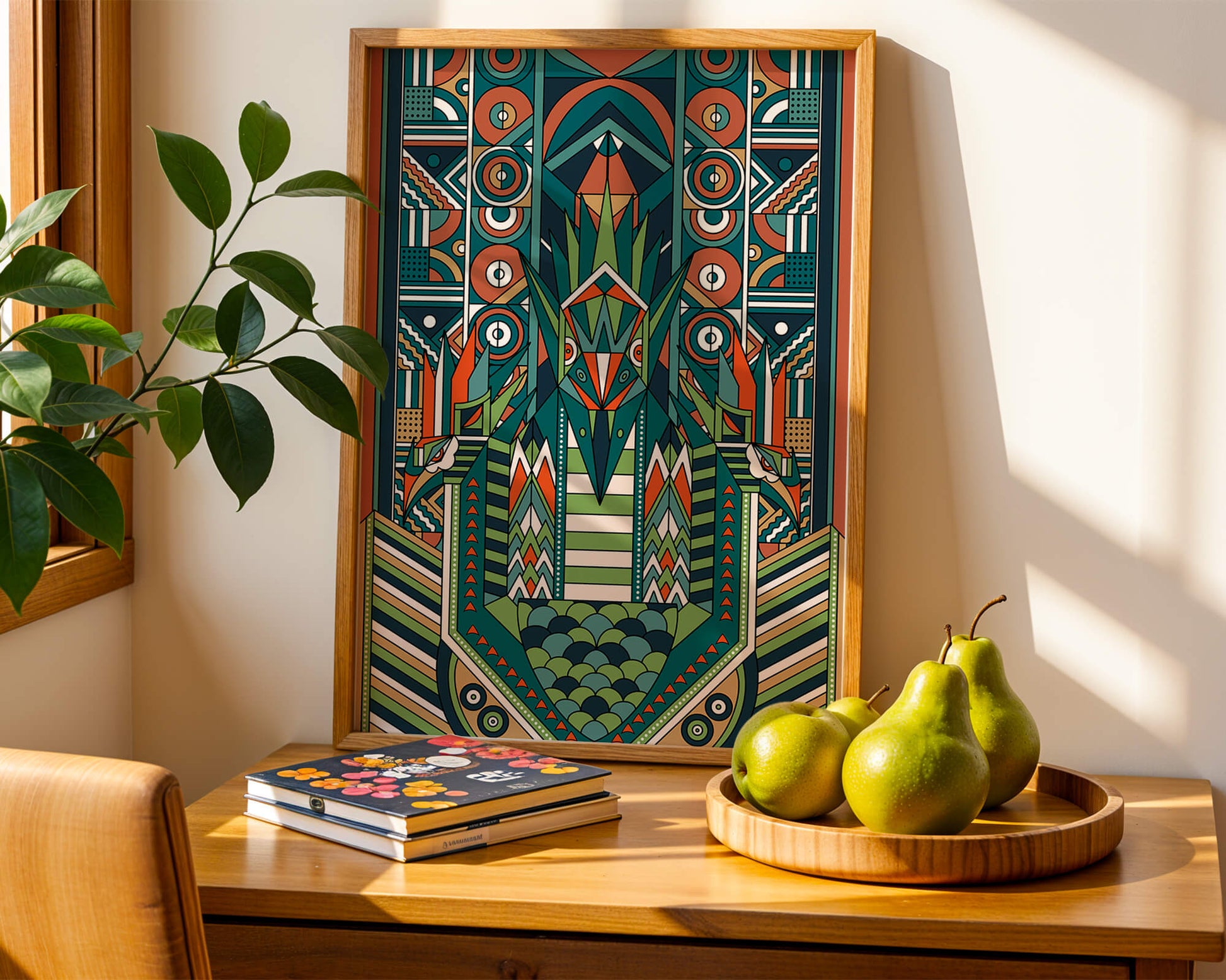 Art Deco Inspired Abstract Geometric Design with Symmetrical Patterns and Animal Motif