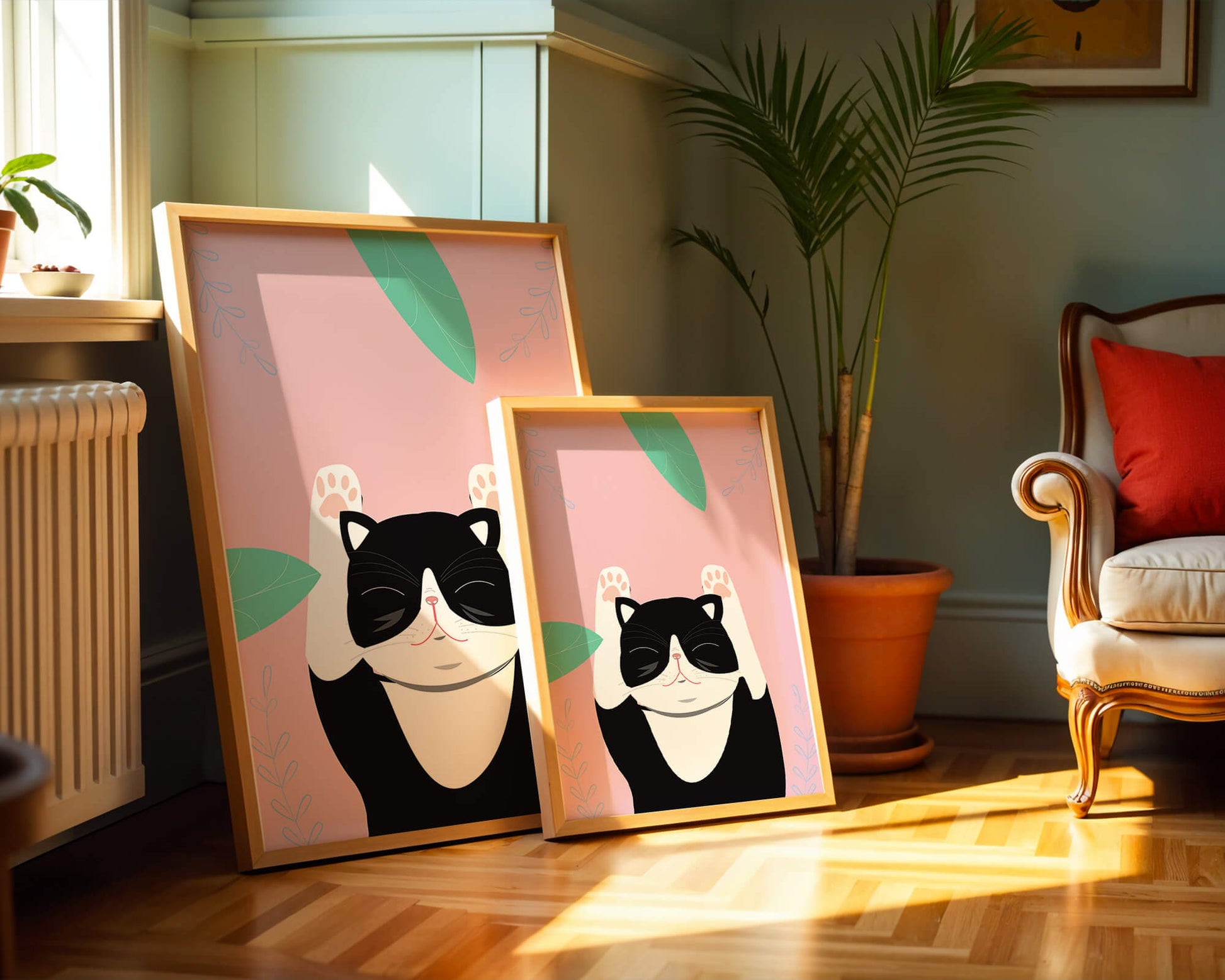 Illustrated cat on pink background with leaves