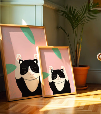 Illustrated cat on pink background with leaves