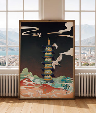 Scène illustrée d’une pagode traditionnelle avec des grues dans un paysage coloré