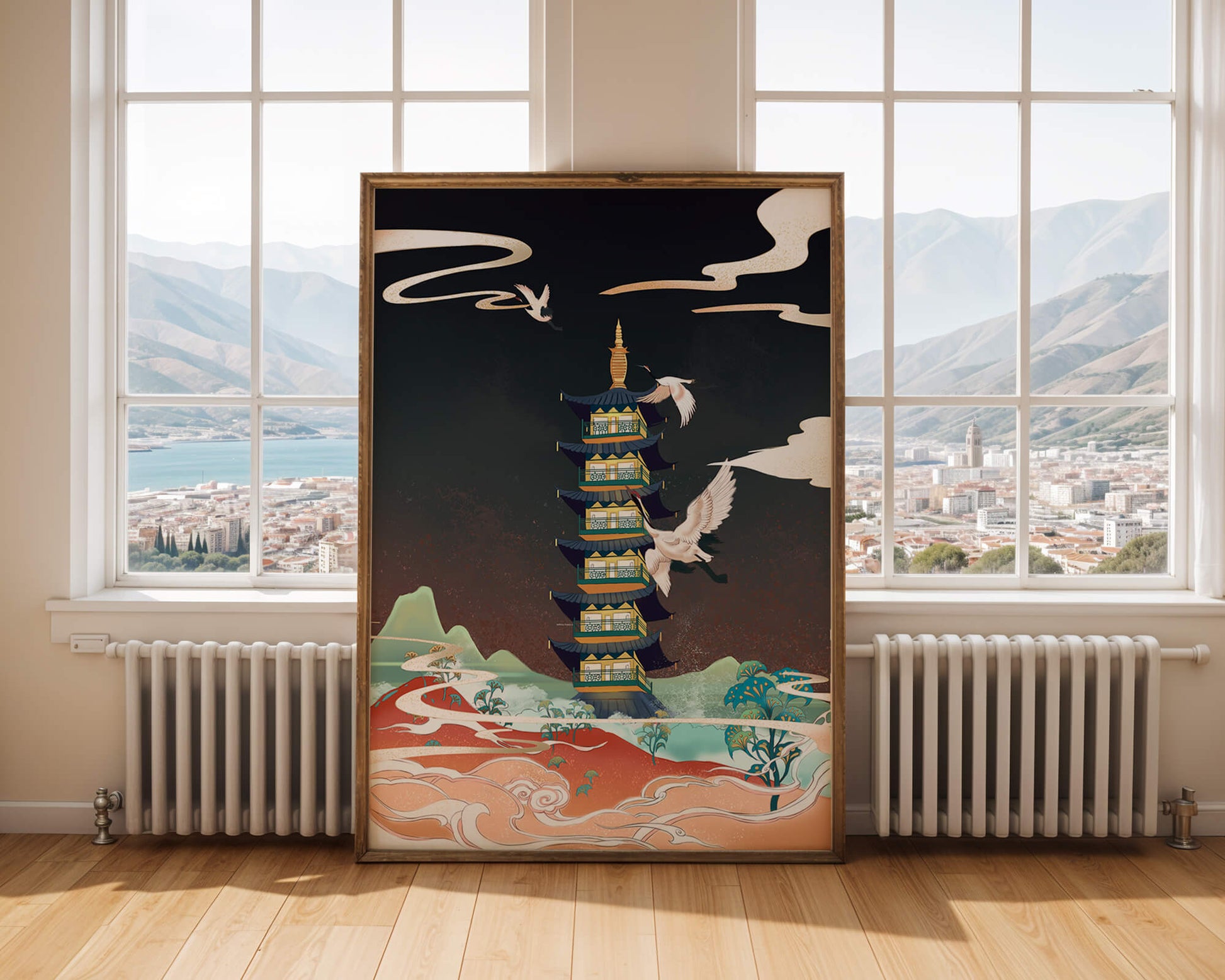 Illustrated scene of traditional pagoda with cranes in colorful landscape