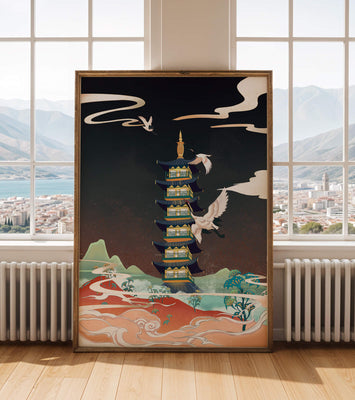 Illustrated scene of traditional pagoda with cranes in colorful landscape
