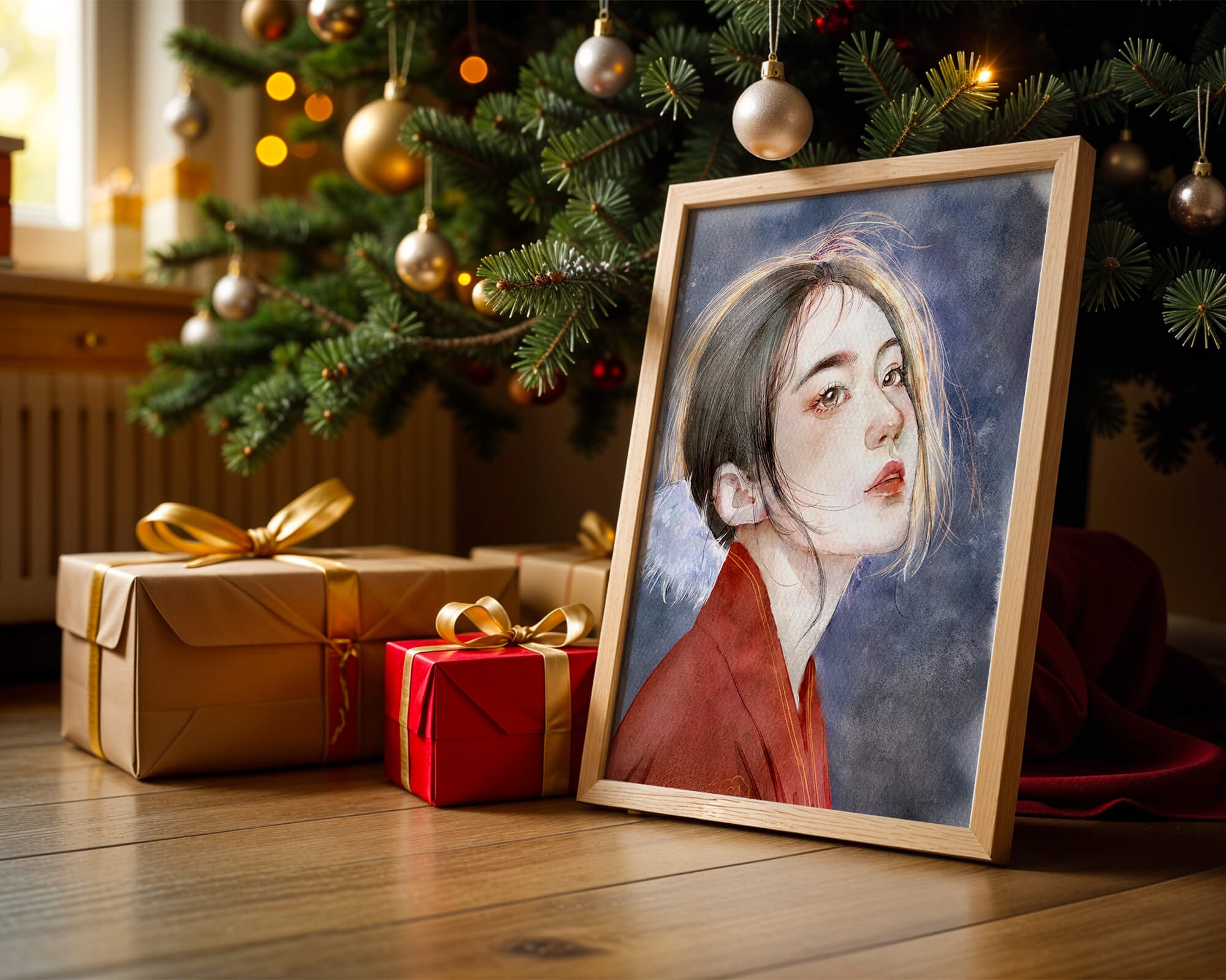 Watercolor portrait of a woman in a red garment with expressive features