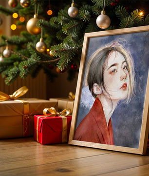 Watercolor portrait of a woman in a red garment with expressive features