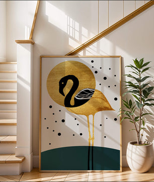 Ilustración elegante de flamenco dorado y negro con elementos de puntos abstractos