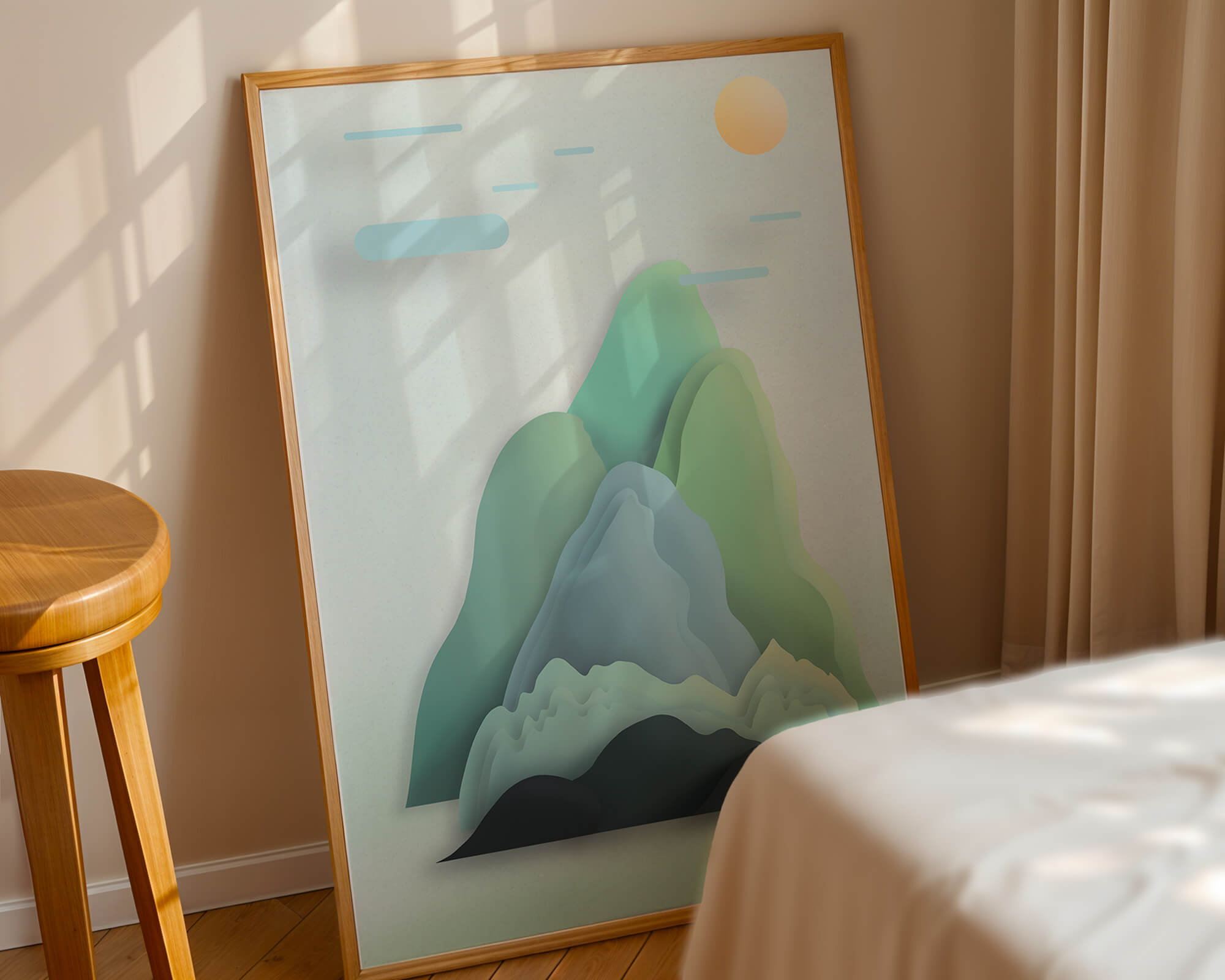 Minimalistic mountain landscape with vibrant colors and abstract layers