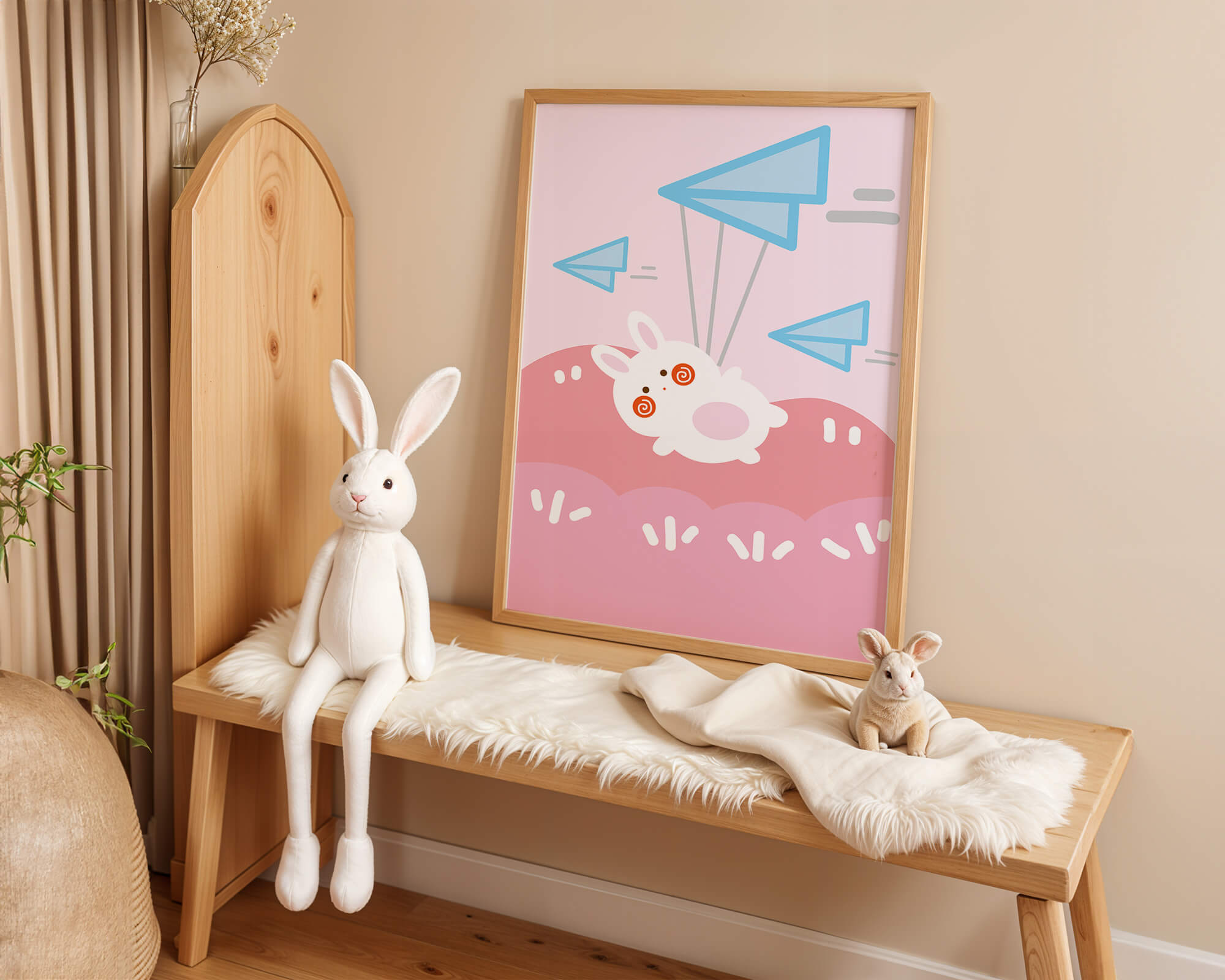 Adorable cartoon bunny flying with paper planes on a pink background