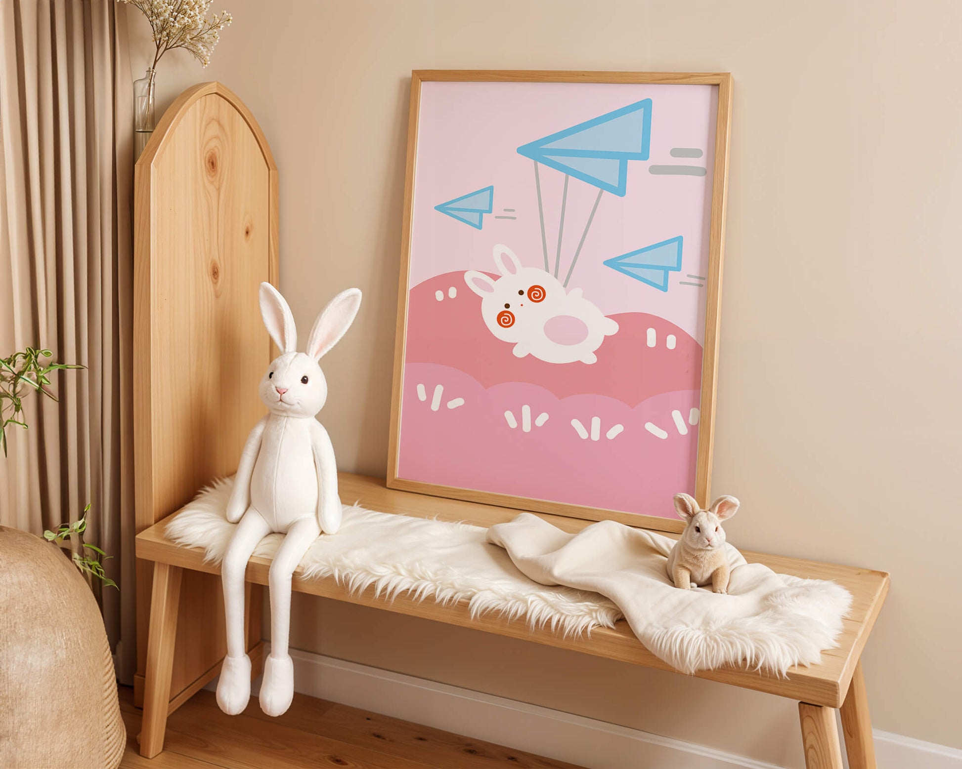 Adorable cartoon bunny flying with paper planes on a pink background