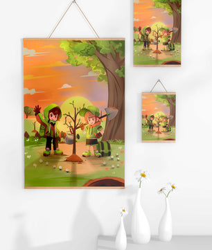 Kinder pflanzen einen Baum in einer lebendigen Sonnenuntergangslandschaft