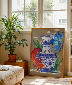 Jarrón de cerámica elegante con diseño de peces vibrantes y flores