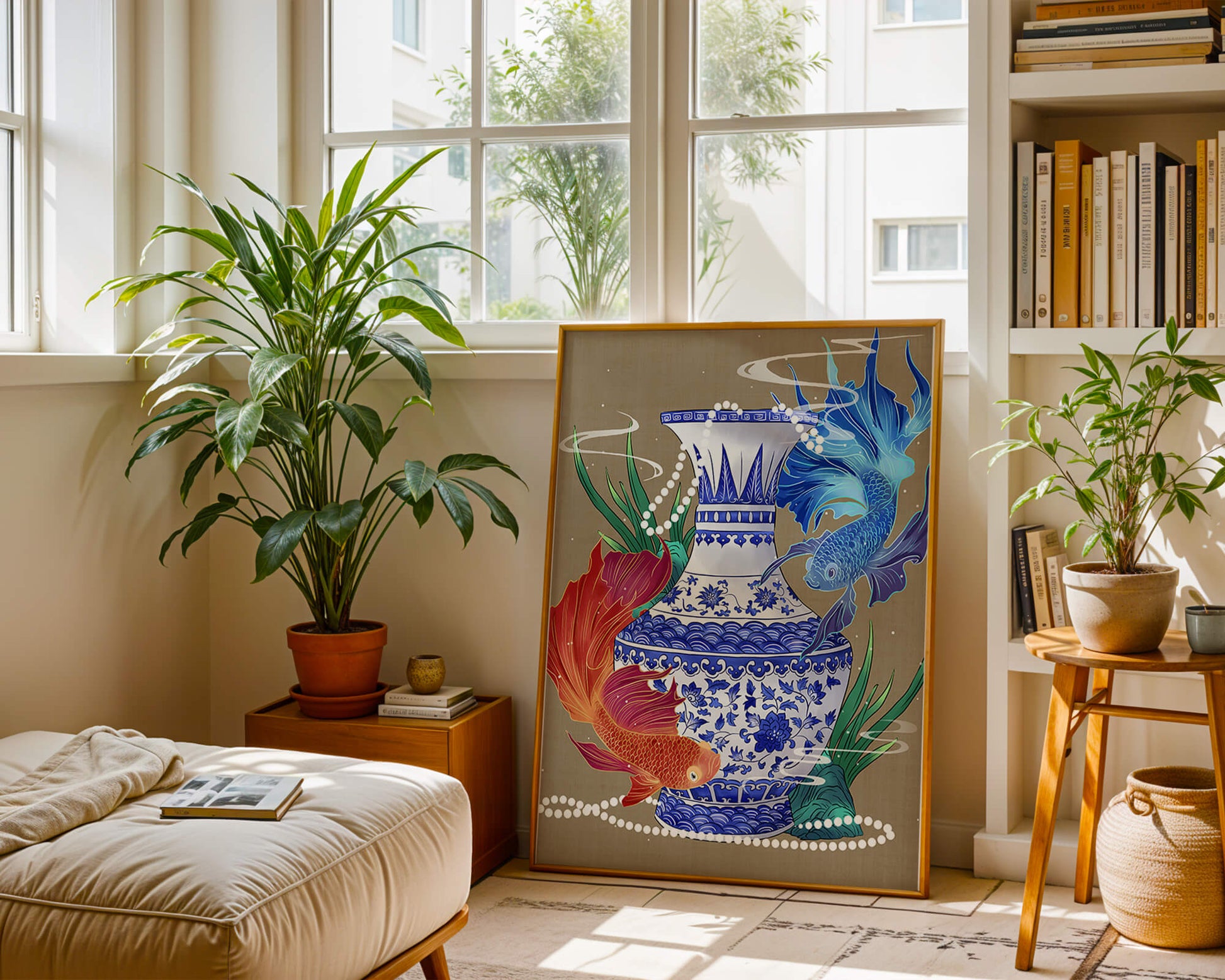 Elegant ceramic vase with vibrant fish and floral design