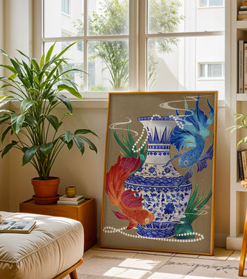 Elegant ceramic vase with vibrant fish and floral design