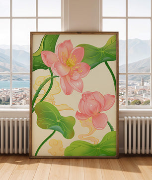 Illustration of pink lotus flowers with green leaves on a pastel background