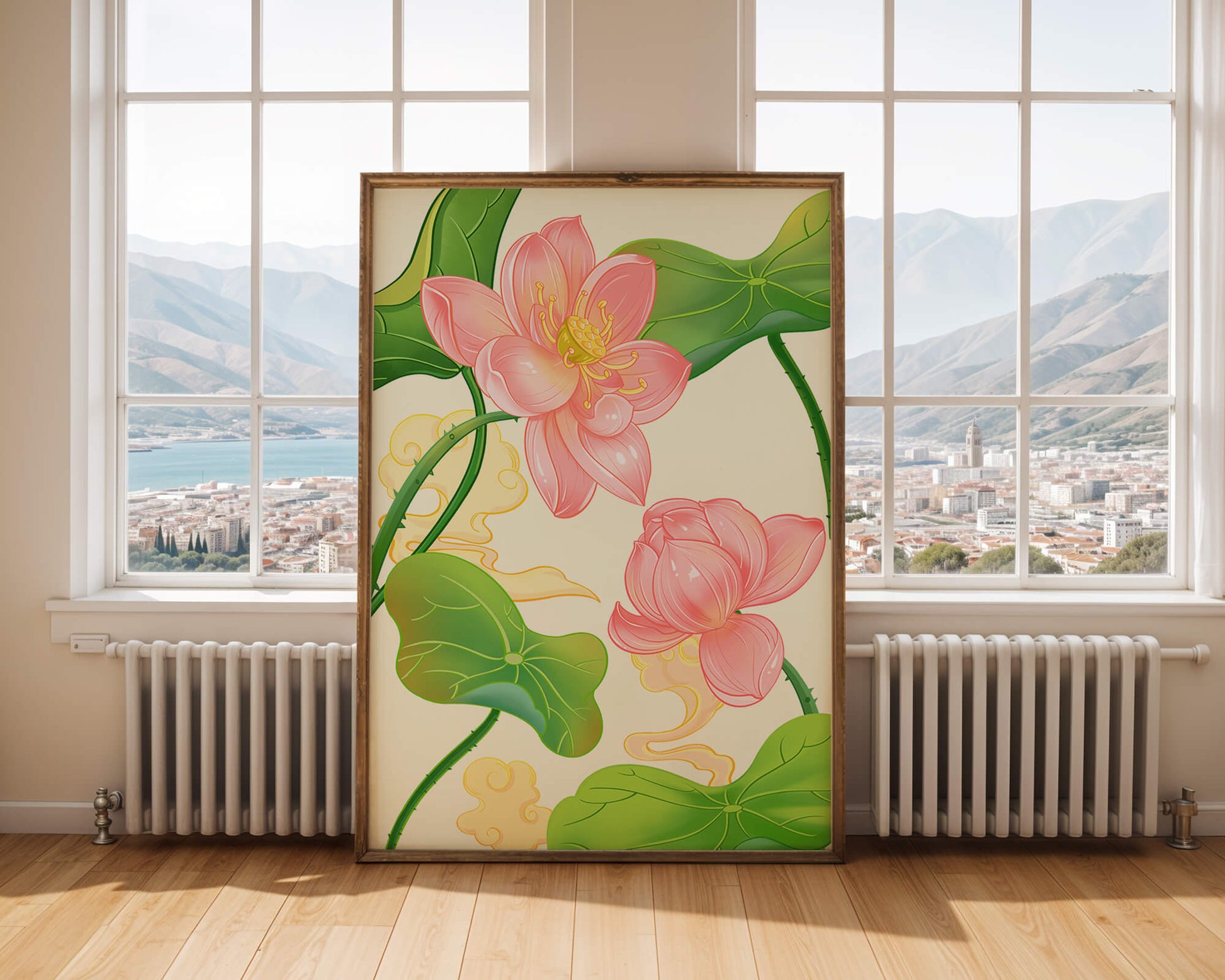 Illustration of pink lotus flowers with green leaves on a pastel background