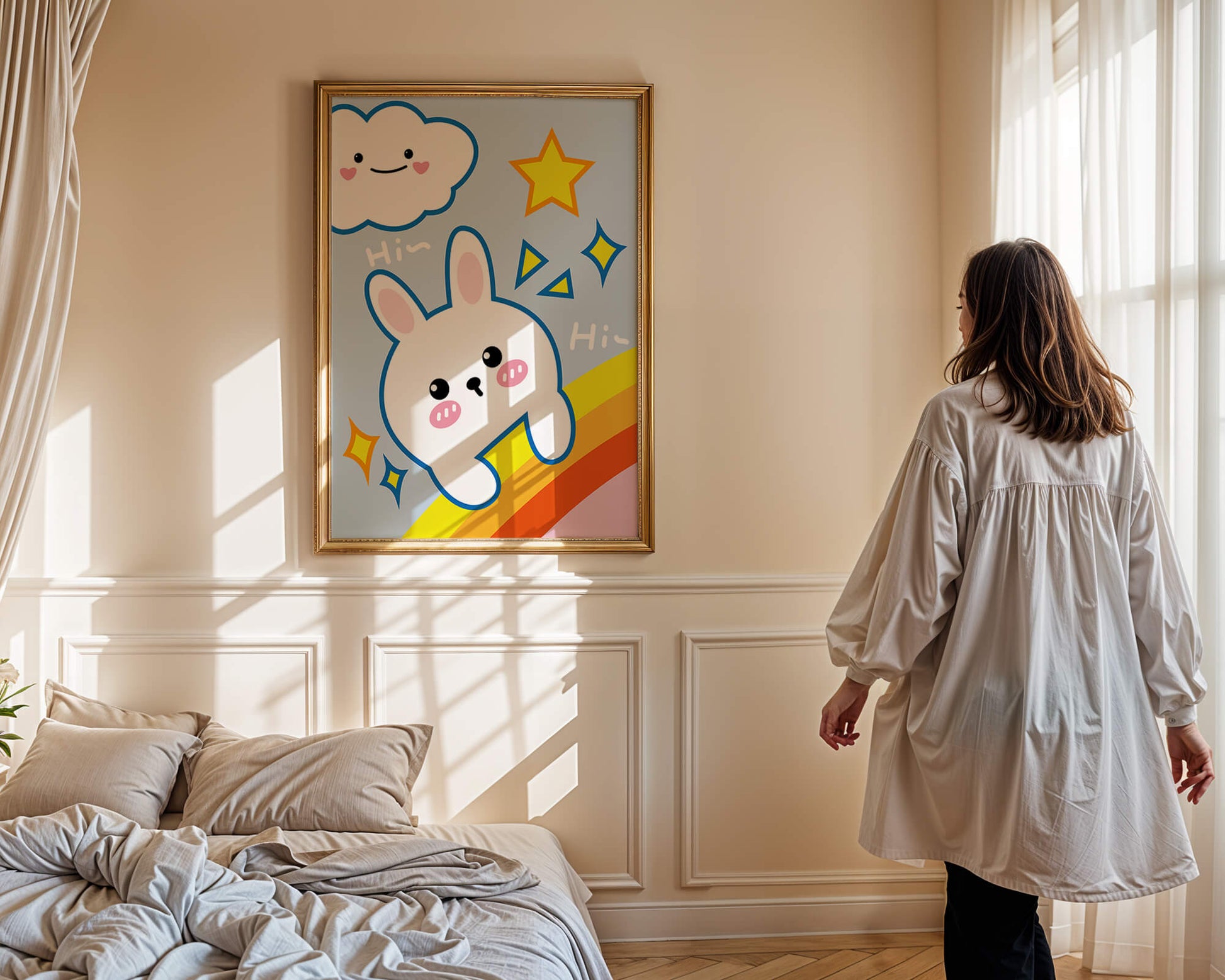 Whimsical cartoon bunny with cloud and rainbow theme