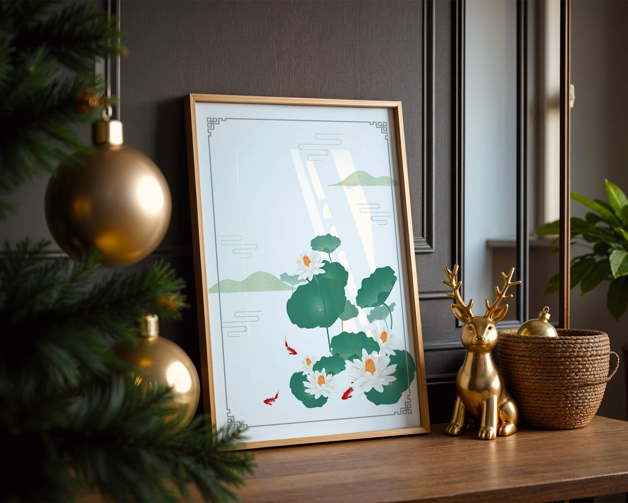Elegant lotus and koi fish illustration with oriental design elements