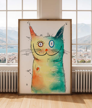 Illustration artistique de chat à l’aquarelle avec des couleurs vives