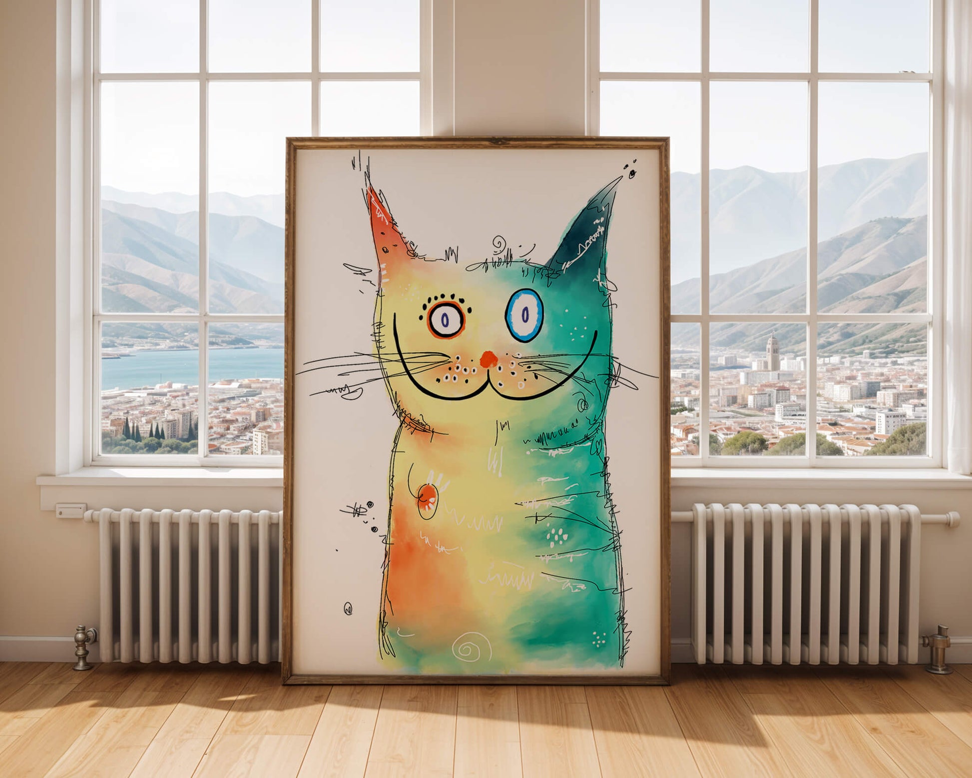 Artistic watercolor cat illustration with vibrant colors