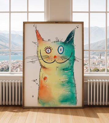 Artistic watercolor cat illustration with vibrant colors