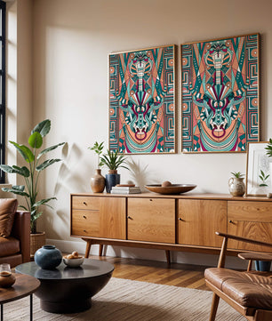 Arte tribal geométrico con motivos de serpiente y toro