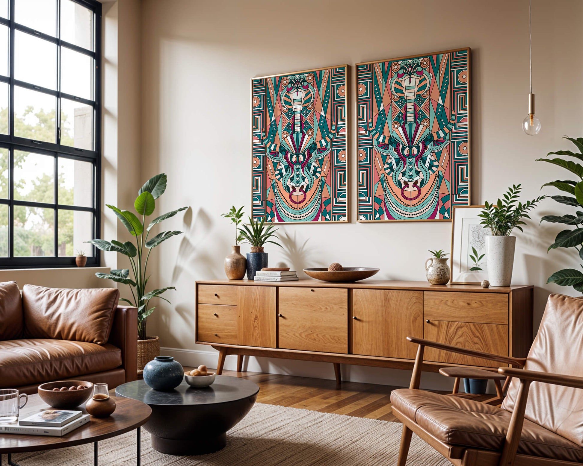 Arte tribal geométrico con motivos de serpiente y toro