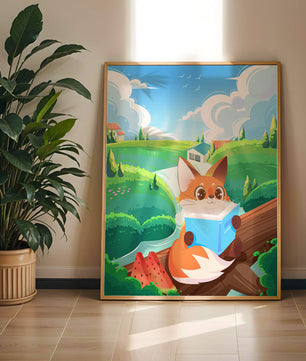 Fox Reading a Book in Scenic Green Landscape with Watermelon Slices