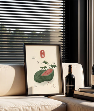 Watermelon With Dragonflies And Asian Script Minimalist Illustration - Mi tienda