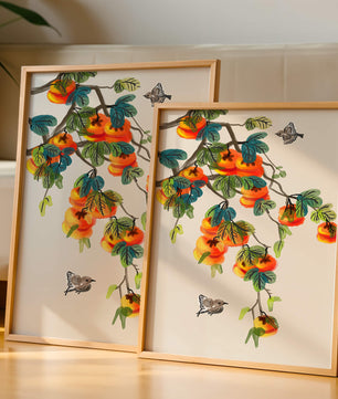 Branch with vibrant persimmons and birds illustration