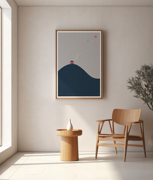 Minimalistische Landschaft mit Haus auf einem Hügel und Sonnenuntergang