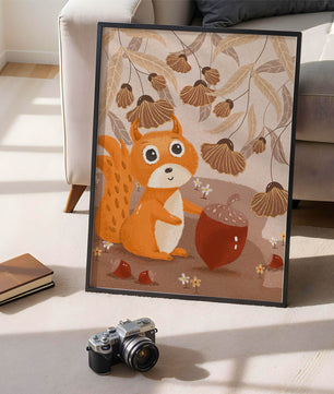 Orange Squirrel with Acorn in Autumn Forest