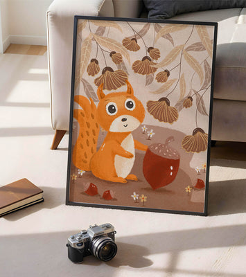 Orange Squirrel with Acorn in Autumn Forest