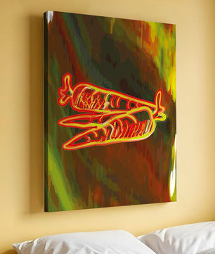 Abstract art featuring neon carrots on a colorful background