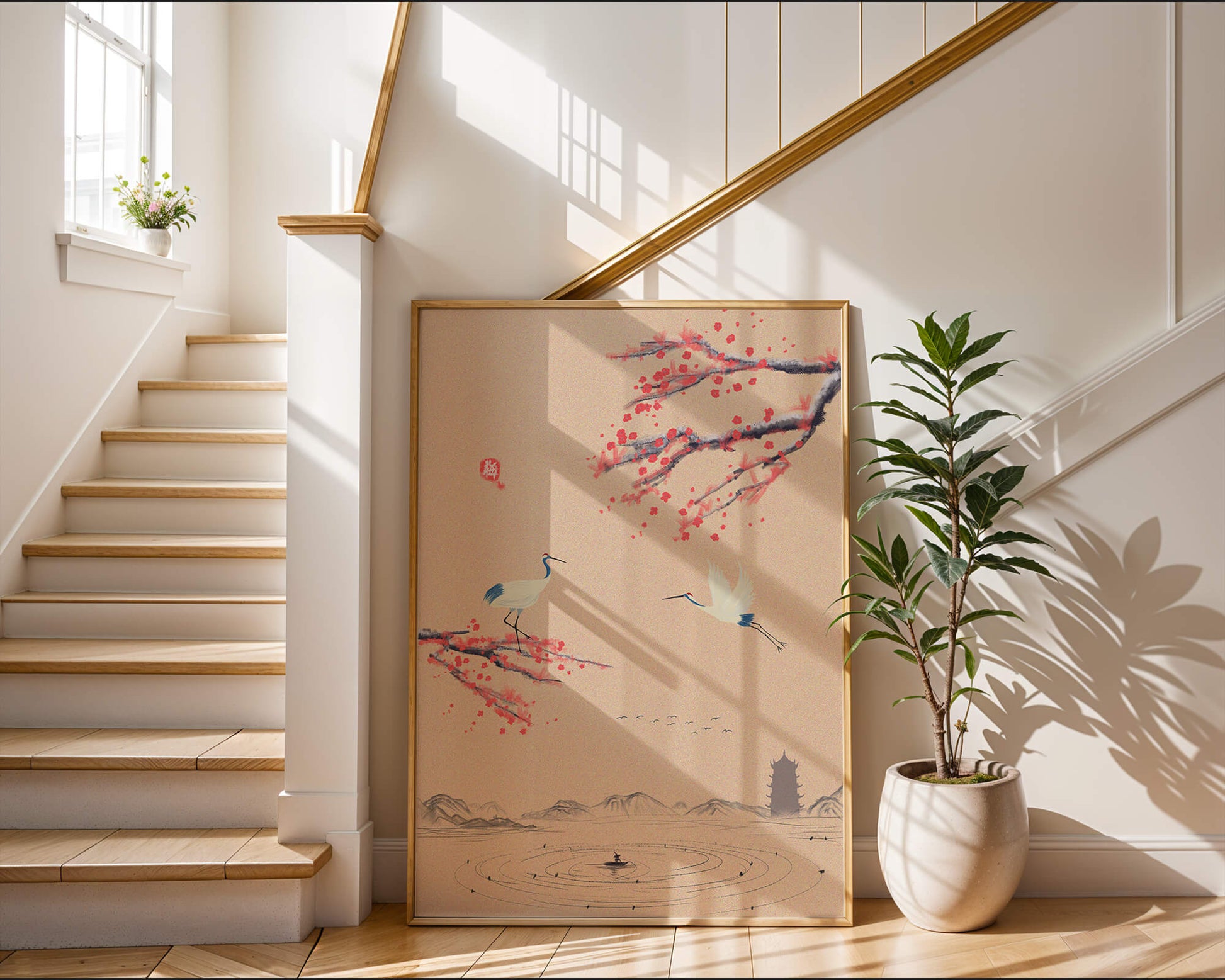 Elegant Asian landscape with cranes and cherry blossom branches