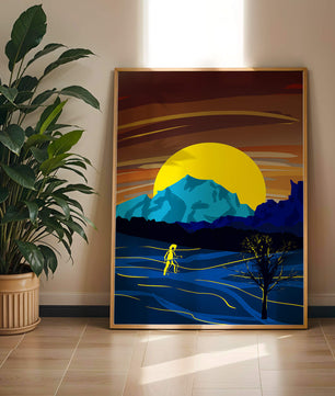 Paisaje surrealista con una puesta de sol vibrante y silueta