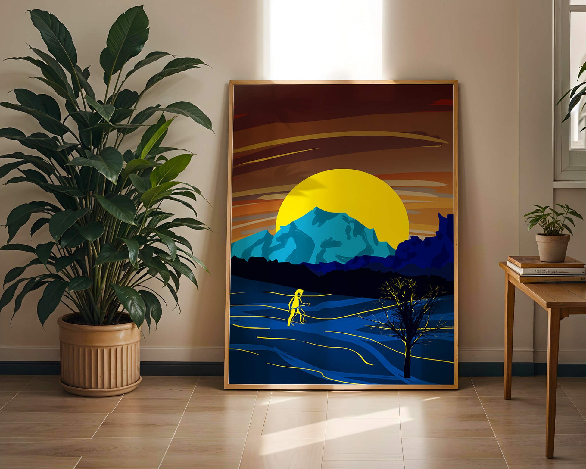Surreal landscape with a vibrant sunset and silhouette
