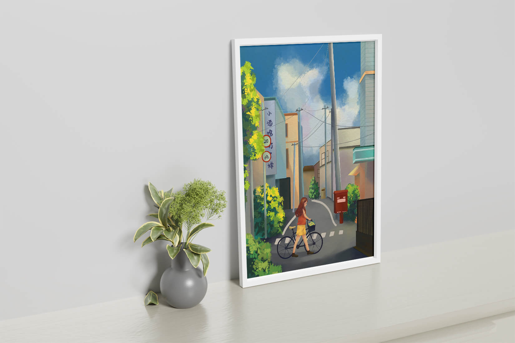 Young woman with bicycle in a quiet urban street