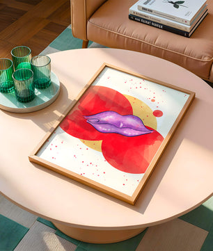 Vibrant Abstract Artwork Featuring Purple Lips on Watercolor Background