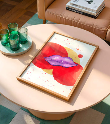 Vibrant Abstract Artwork Featuring Purple Lips on Watercolor Background
