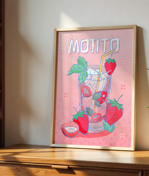 Ilustración de un mojito de fresa con fondo rosa vibrante y diseño juguetón